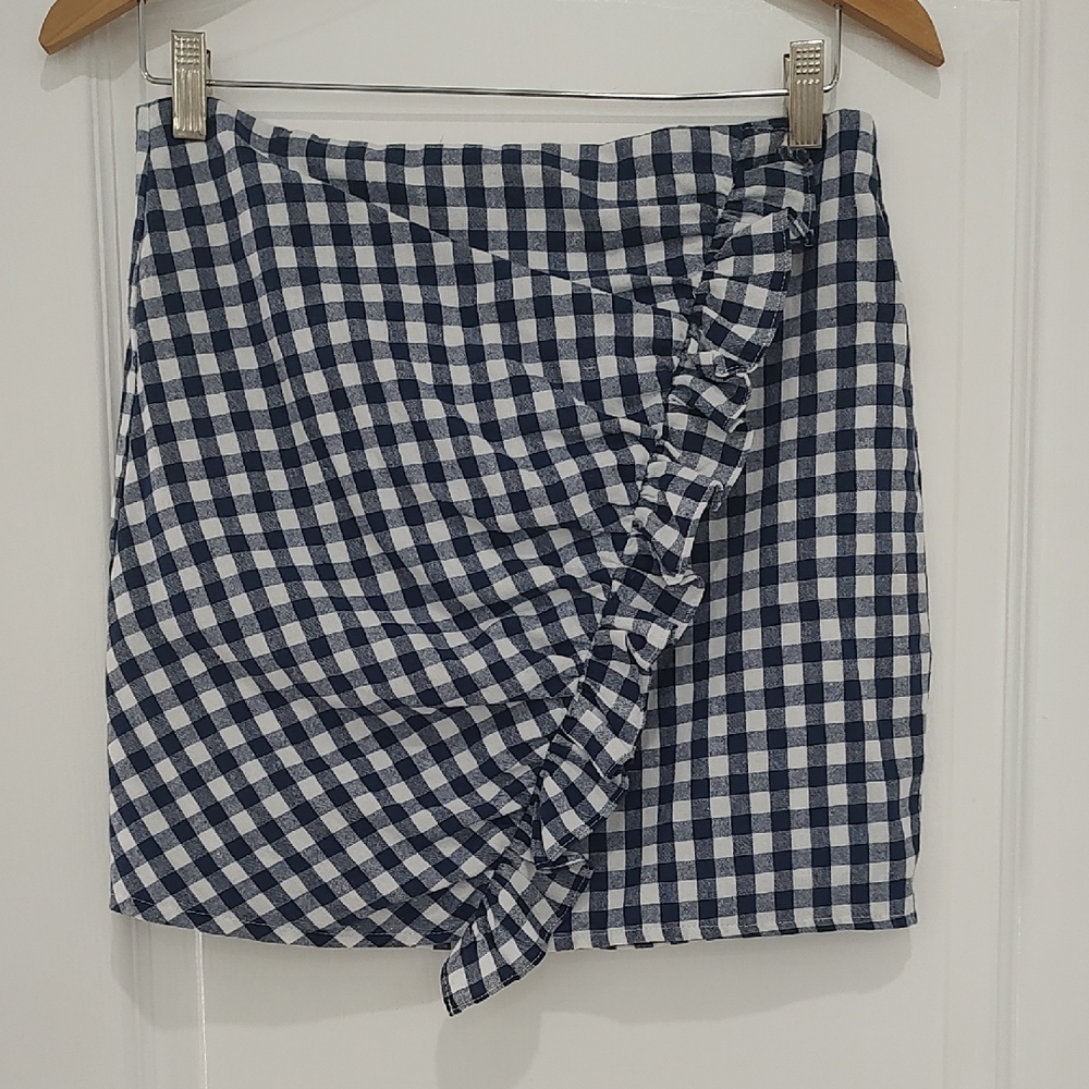 HYFVE Navy Blue White Gingham Checked Mini Pencil Skirt M / L Ruffle Front